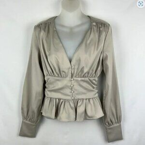 Jason‎ Wu Deep V-neck Silk Satin Elegant Peplum Front Button-Down Blouse Gray Si